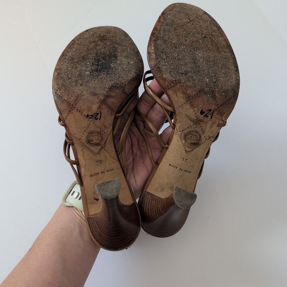 Auth Chanel Brown Leather Strappy Slides Heels Mules Sandals Spellout Size 37 - Picture 8 of 12